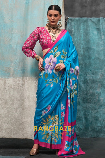 Vibrant Blue And Pink Floral Satin Crepe Saree