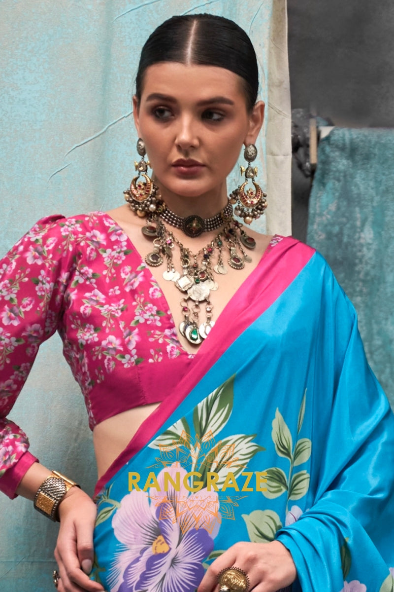 Vibrant Blue And Pink Floral Satin Crepe Saree