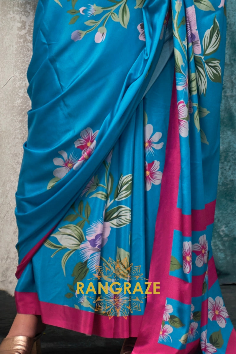 Vibrant Blue And Pink Floral Satin Crepe Saree
