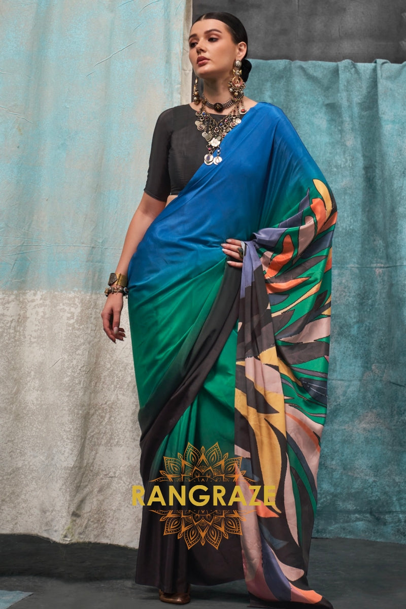 Elegant Blue And Green Printed Satin Crepe Saree