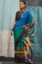Elegant Blue And Green Printed Satin Crepe Saree