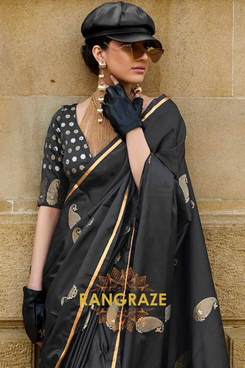 Royal Black Woven Satin Silk Saree