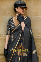 Royal Black Woven Satin Silk Saree
