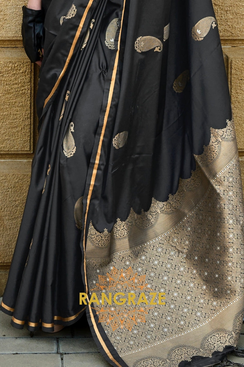 Royal Black Woven Satin Silk Saree