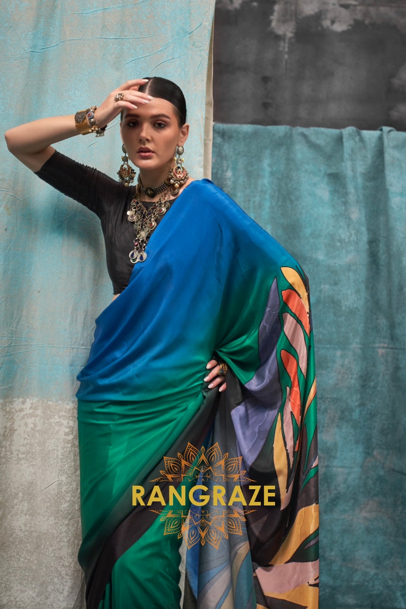 Elegant Blue And Green Printed Satin Crepe Saree