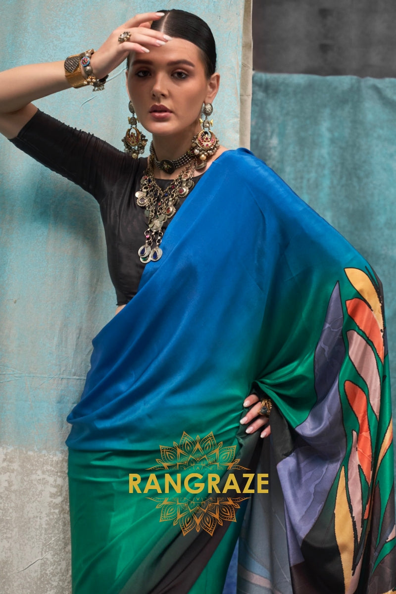 Elegant Blue And Green Printed Satin Crepe Saree