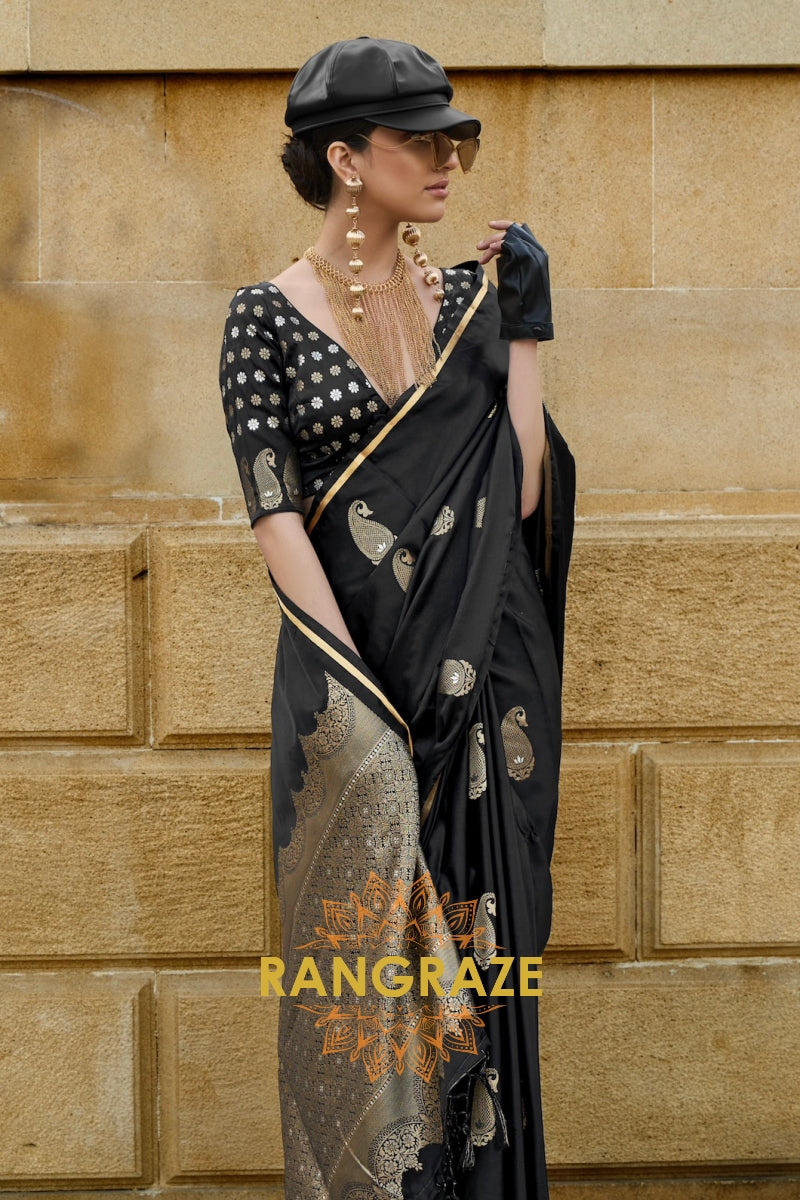 Royal Black Woven Satin Silk Saree