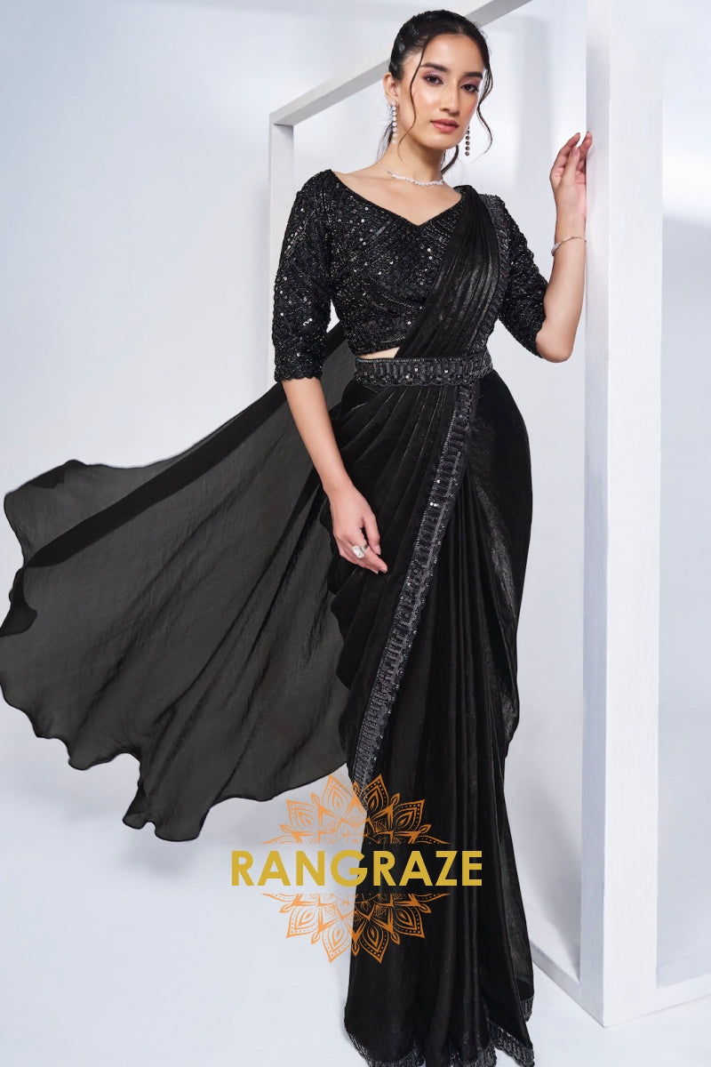 Midnight Elegance Black Ready-to-Wear Saree with Handwork Blouse