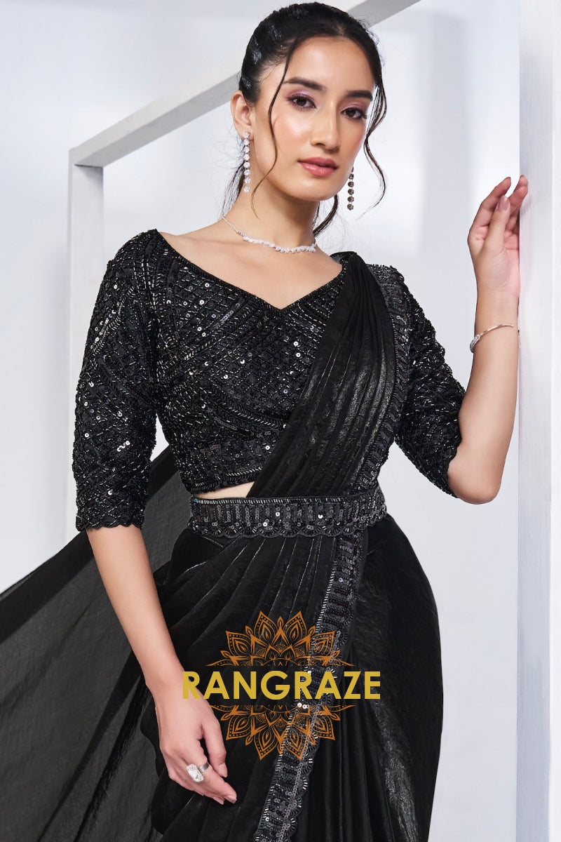 Midnight Elegance Black Ready-to-Wear Saree with Handwork Blouse