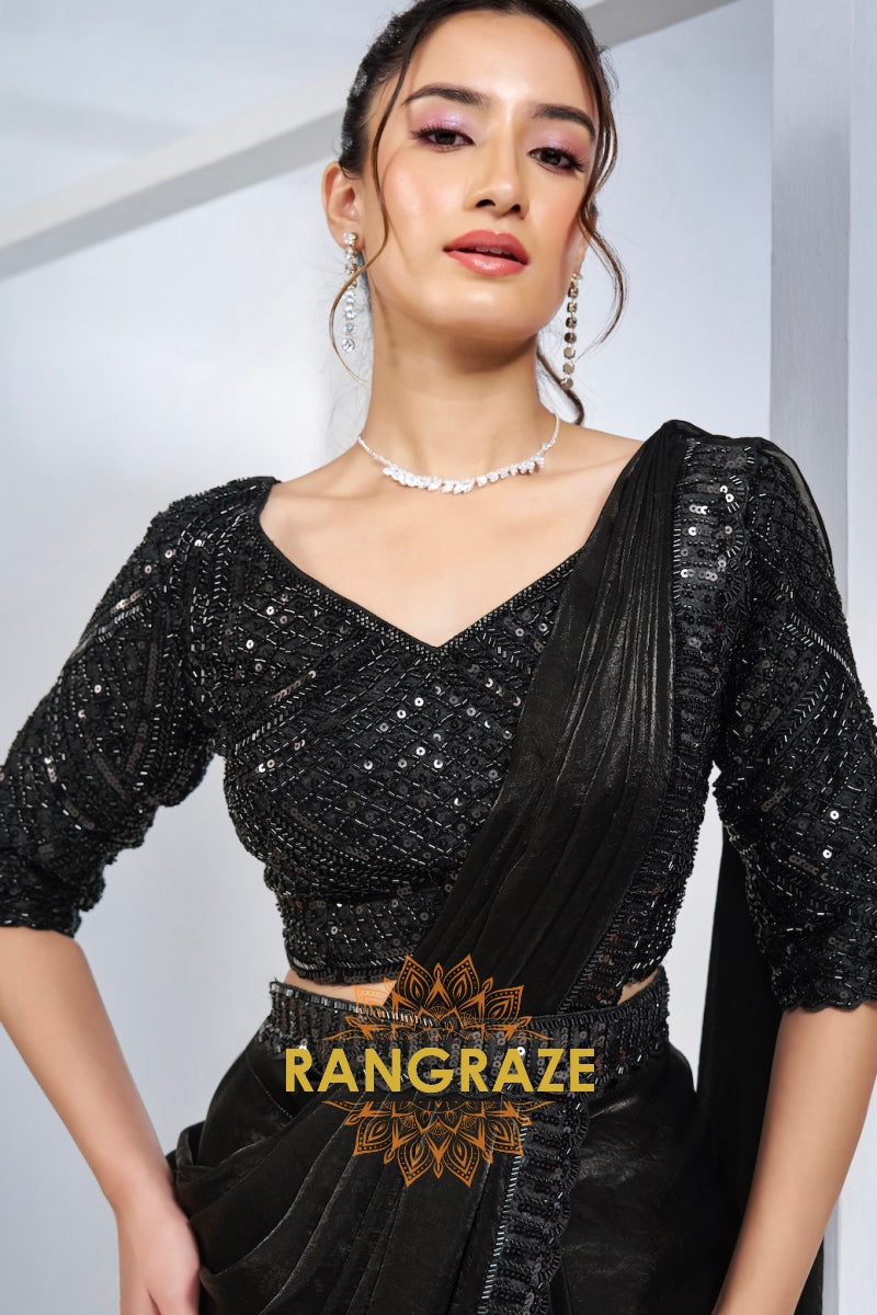 Midnight Elegance Black Ready-to-Wear Saree with Handwork Blouse
