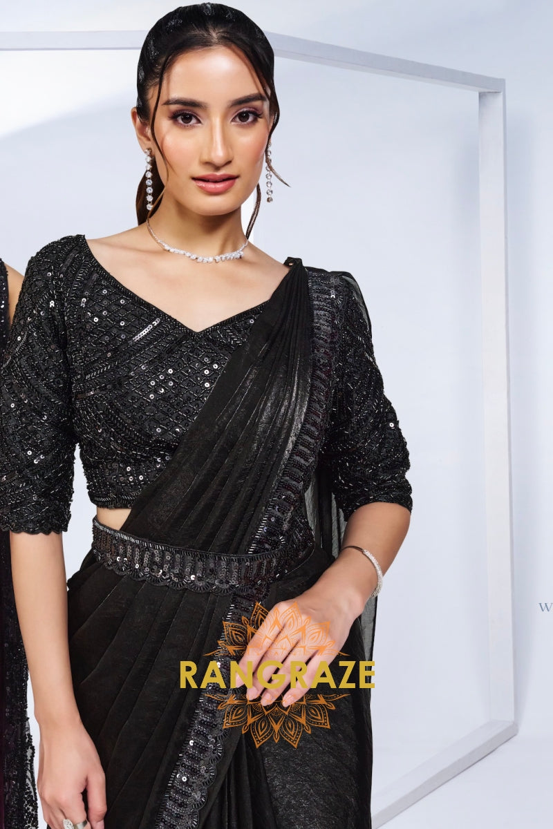 Midnight Elegance Black Ready-to-Wear Saree with Handwork Blouse