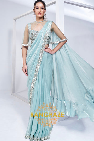 Aqua Glam Ready-to-Wear Saree with Hand Embroidered Blouse and Poncho