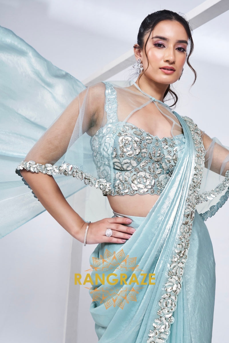 Aqua Glam Ready-to-Wear Saree with Hand Embroidered Blouse and Poncho