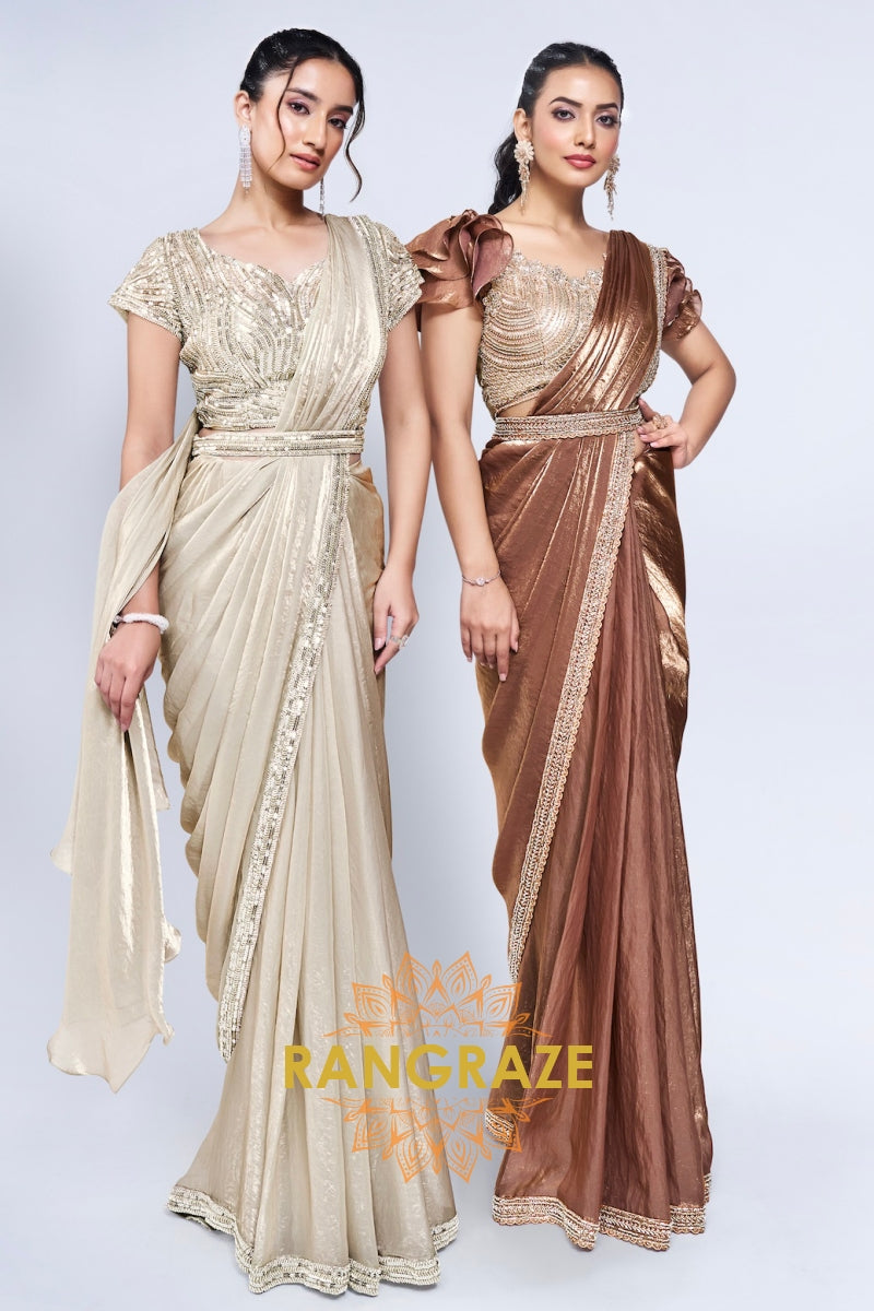 Golden Glow Ready-to-Wear Designer Saree with Heavy Net Embroidered Blouse