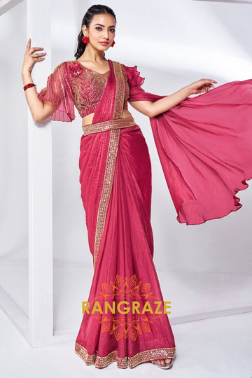 Radiant Ruby Ready-to-Wear Designer Saree with Shimmer Details