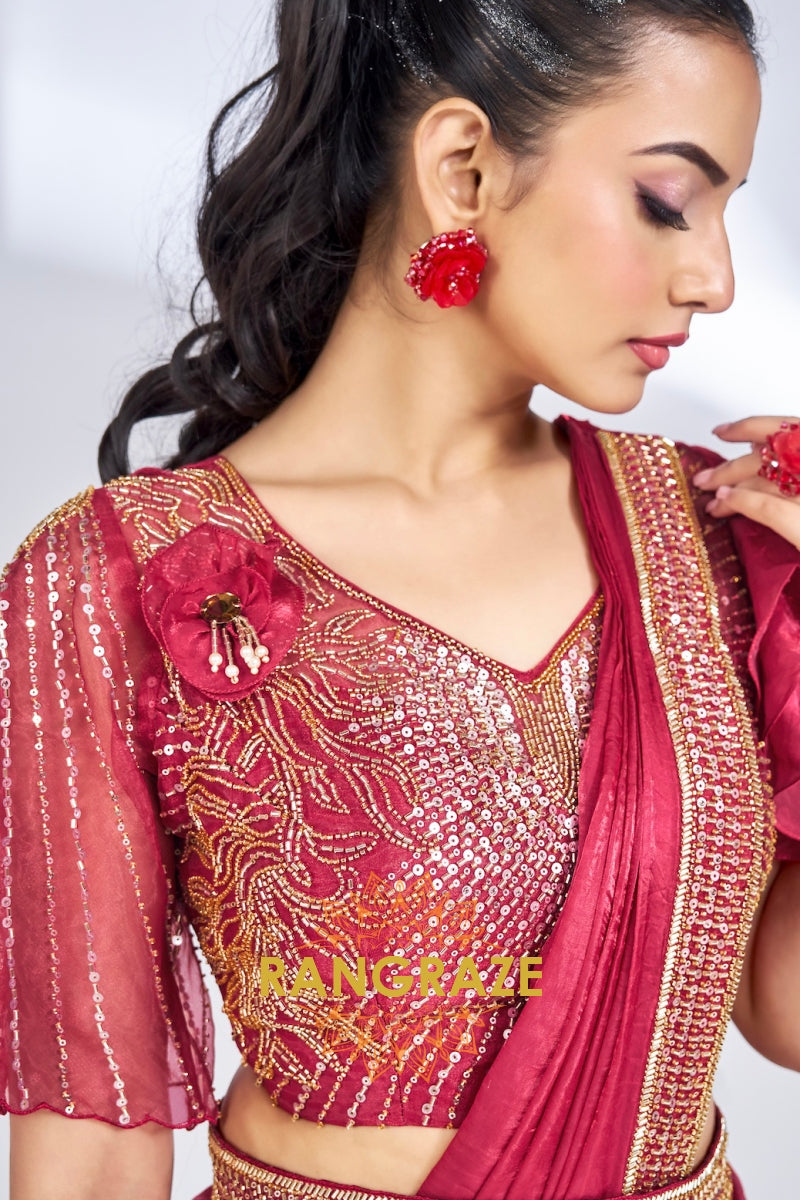 Radiant Ruby Ready-to-Wear Designer Saree with Shimmer Details