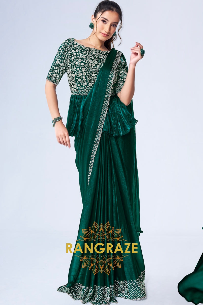 Emerald Green Designer Velvet Ready-to-Wear Saree with Embroidered Peplum Blouse