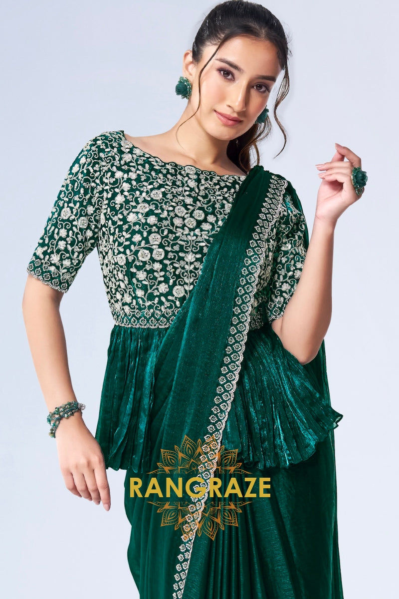 Emerald Green Designer Velvet Ready-to-Wear Saree with Embroidered Peplum Blouse