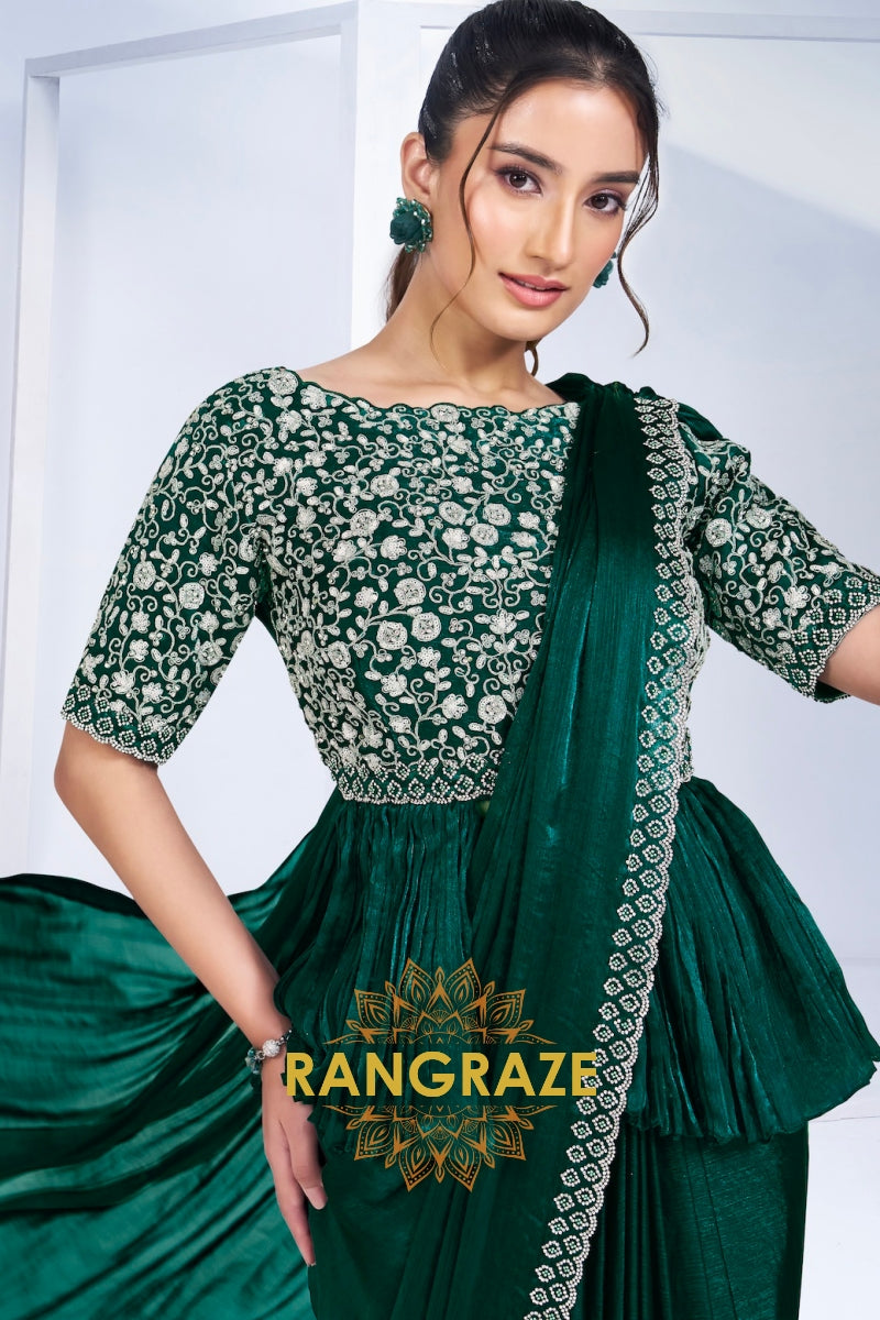 Emerald Green Designer Velvet Ready-to-Wear Saree with Embroidered Peplum Blouse