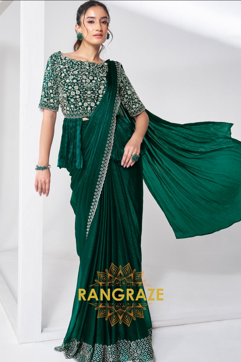 Emerald Green Designer Velvet Ready-to-Wear Saree with Embroidered Peplum Blouse