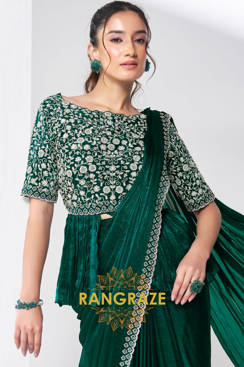 Emerald Green Designer Velvet Ready-to-Wear Saree with Embroidered Peplum Blouse