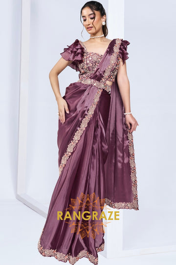 Majestic Plum Ready-to-Wear Designer Satin Saree with Floral Embroidery