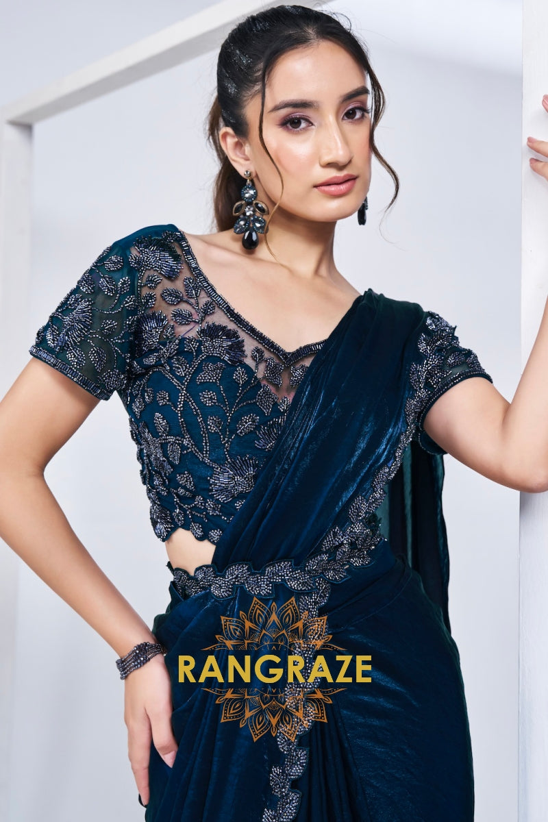 Midnight Blue Designer Velvet Ready-to-Wear Saree with Intricate Leafy Embroidery