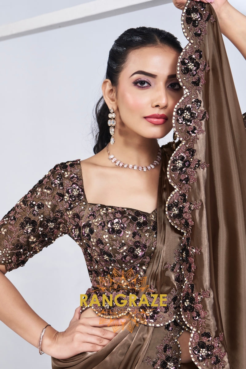 Bronze Embellished Ready-to-Wear Satin Silk Saree with Floral Sequined Work