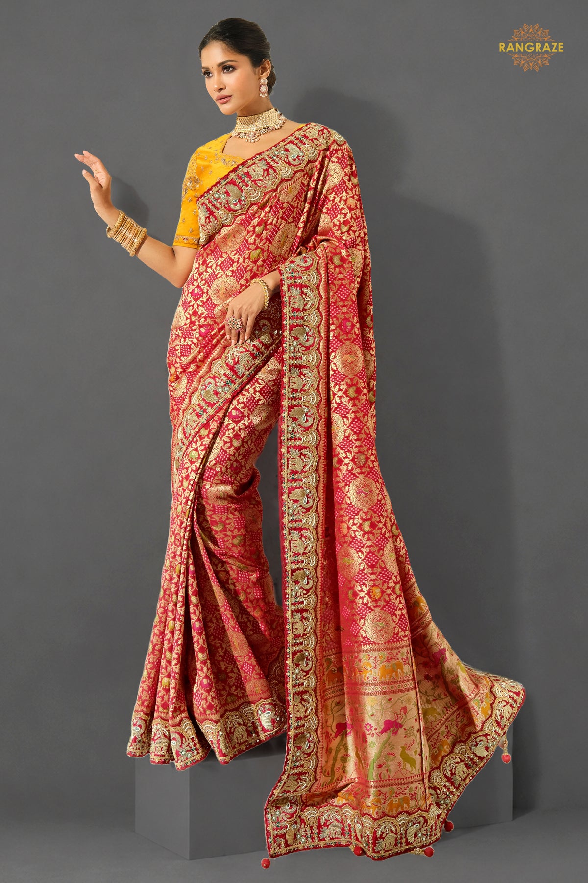 Scarlet Red Embroidered Bandhej Georgette Saree