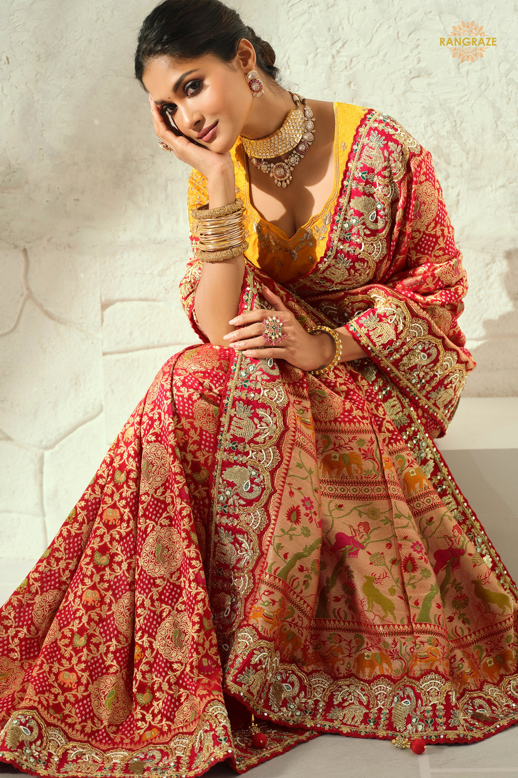 Scarlet Red Embroidered Bandhej Georgette Saree