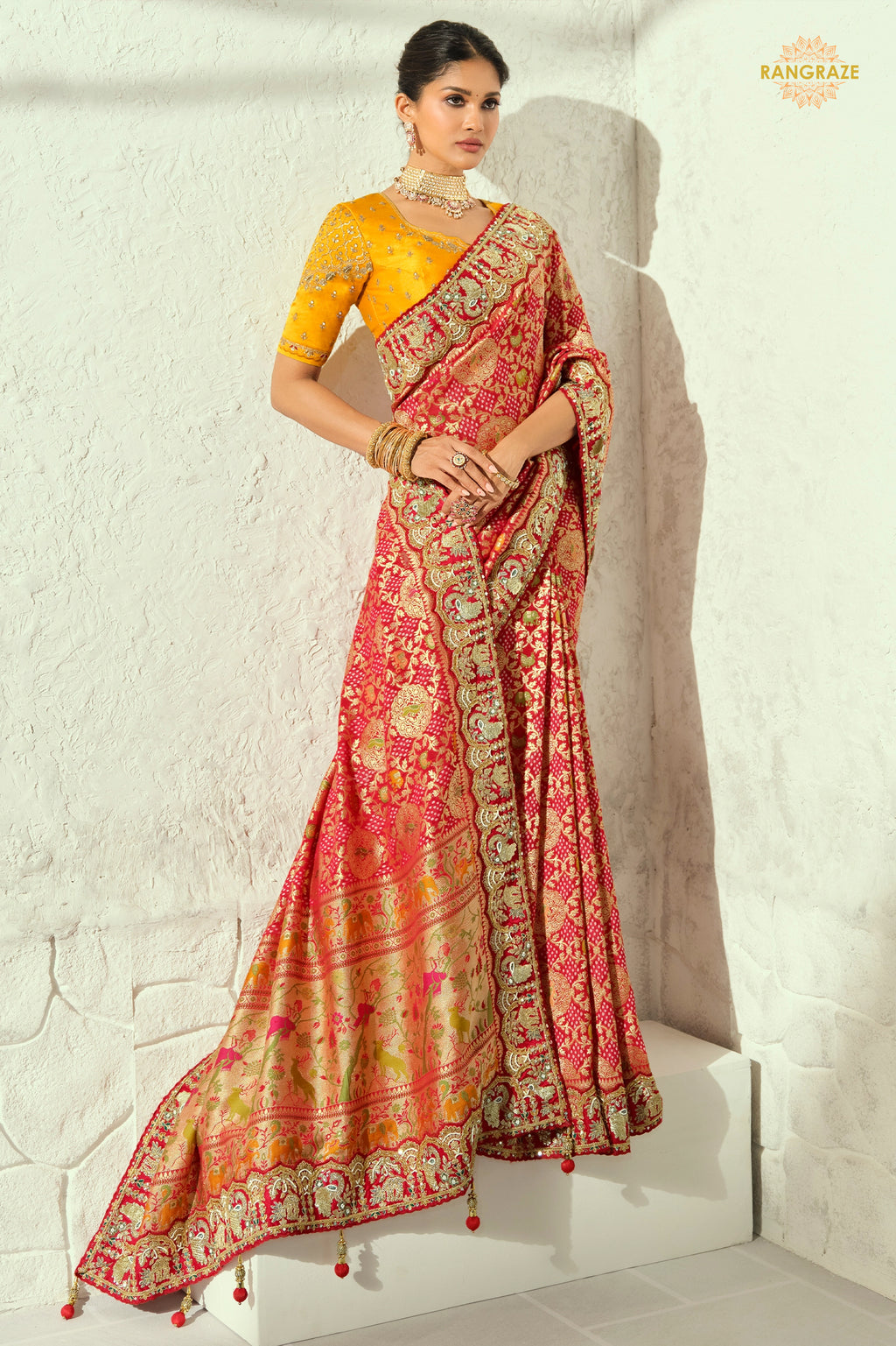 Scarlet Red Embroidered Bandhej Georgette Saree