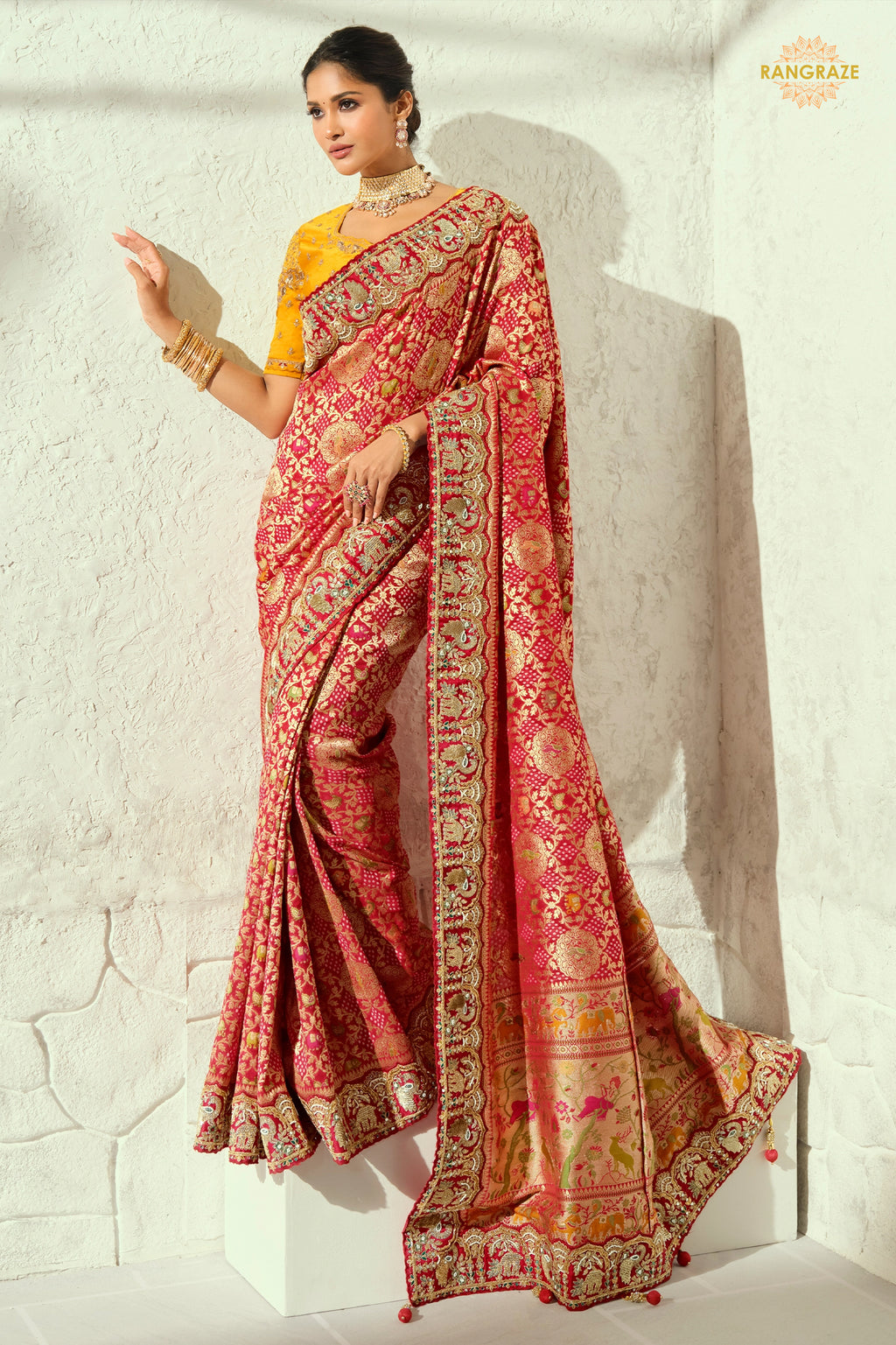 Scarlet Red Embroidered Bandhej Georgette Saree