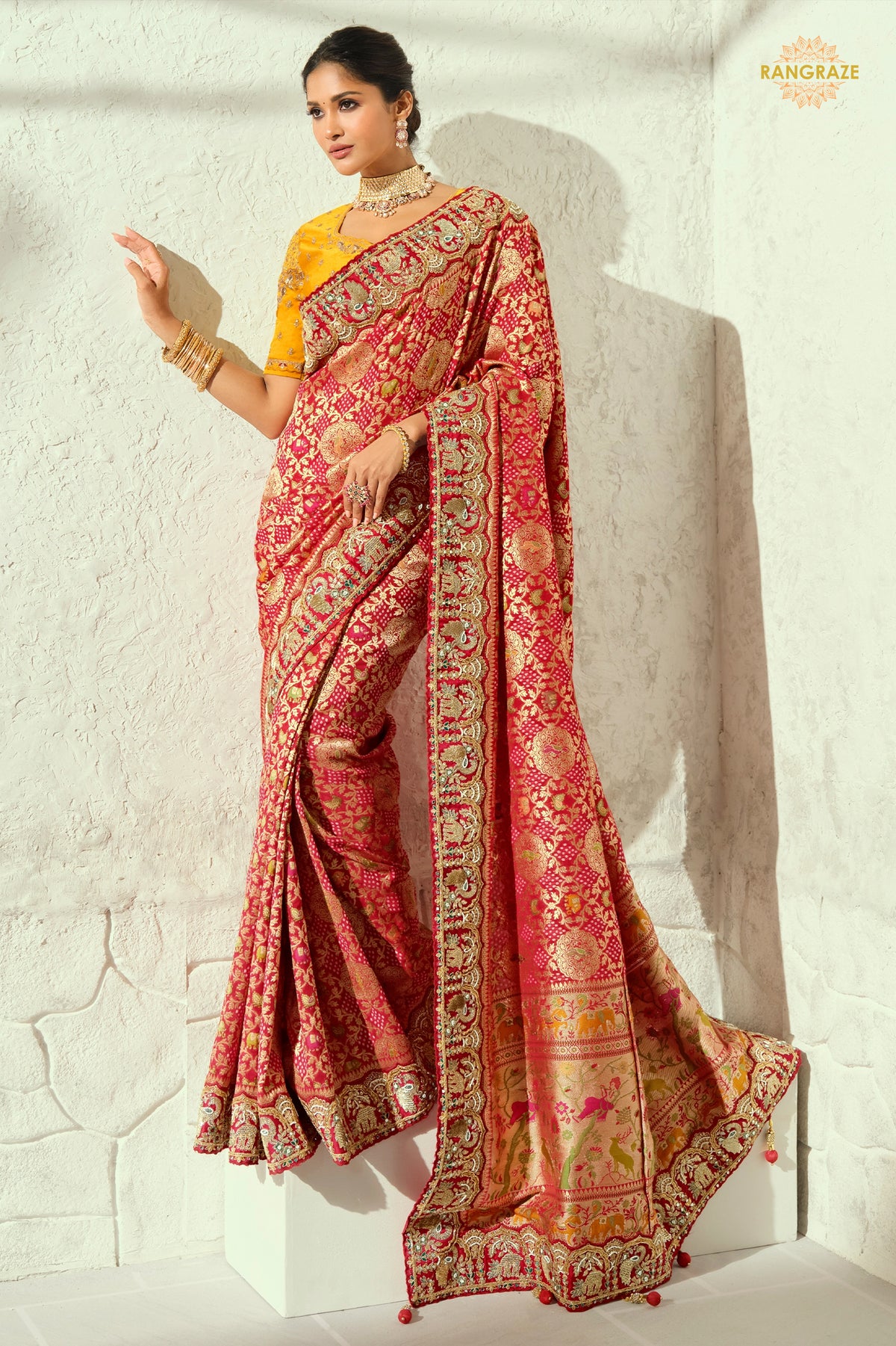 Scarlet Red Embroidered Bandhej Georgette Saree