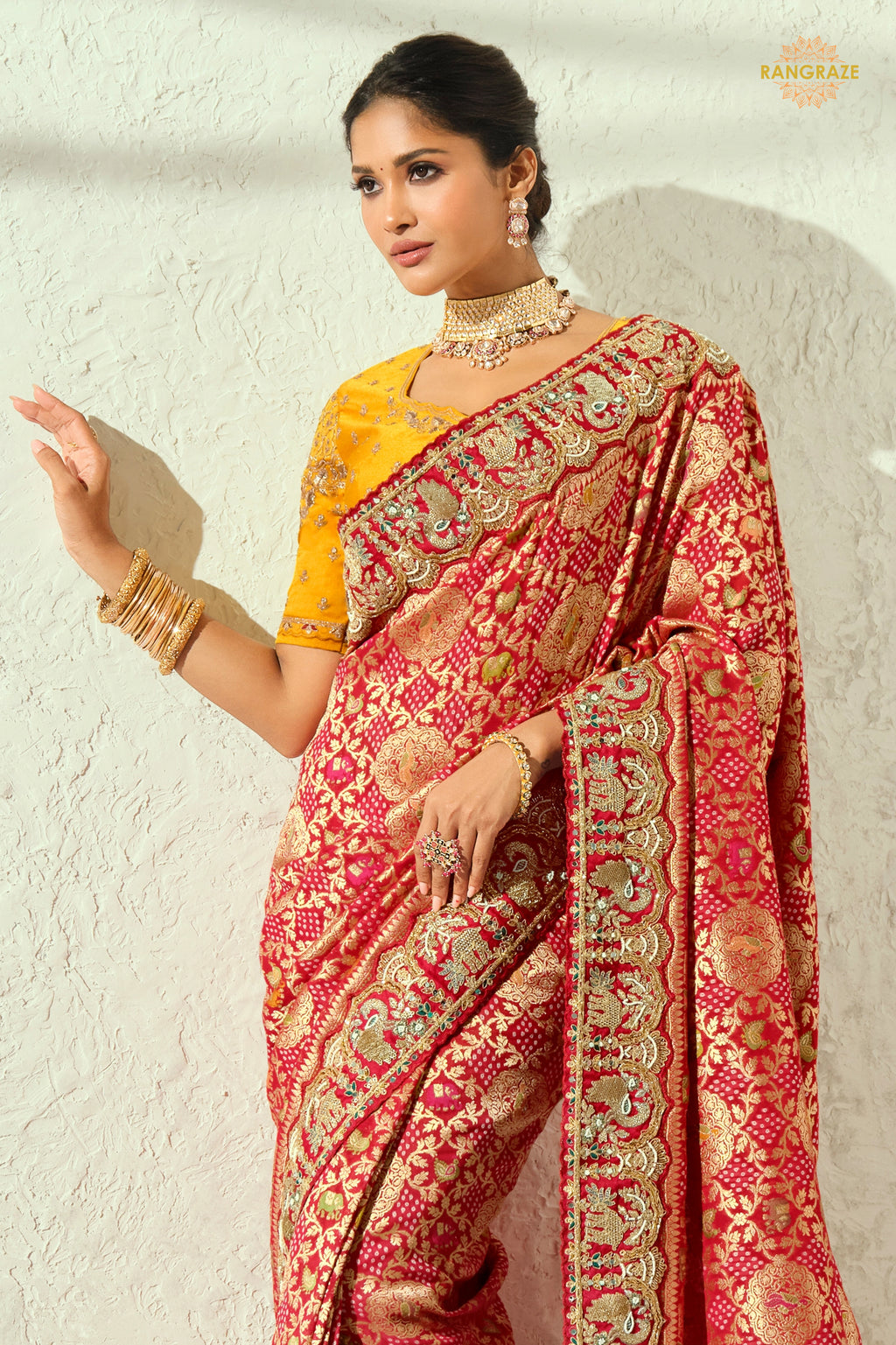 Scarlet Red Embroidered Bandhej Georgette Saree