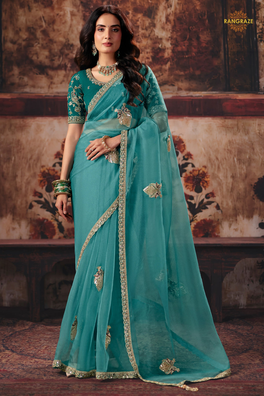 Sea Green Designer Organza Saree With Embroidered Blouse