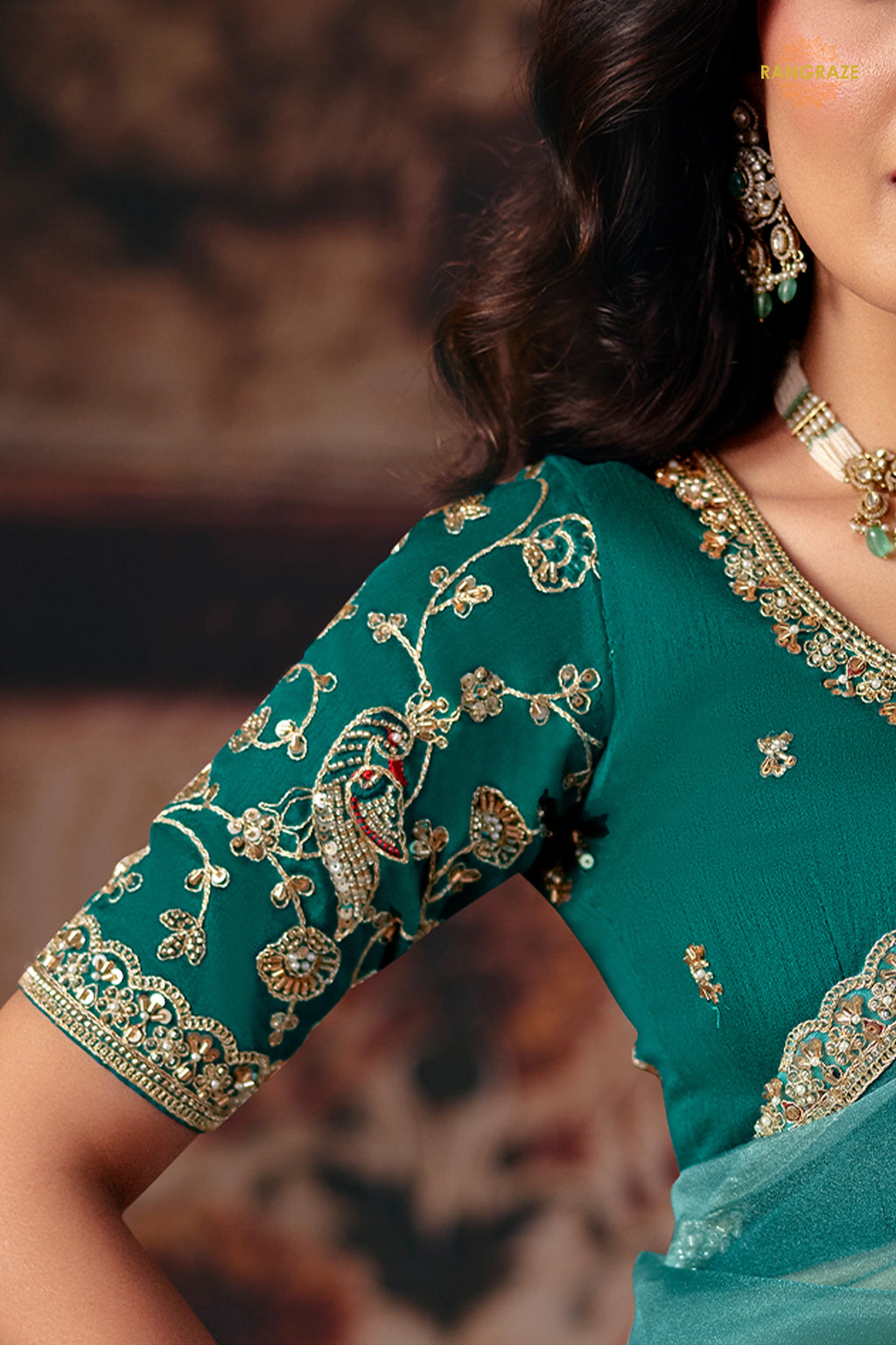 Sea Green Designer Organza Saree With Embroidered Blouse