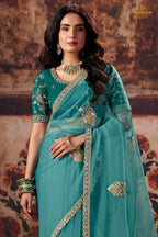 Sea Green Designer Organza Saree With Embroidered Blouse