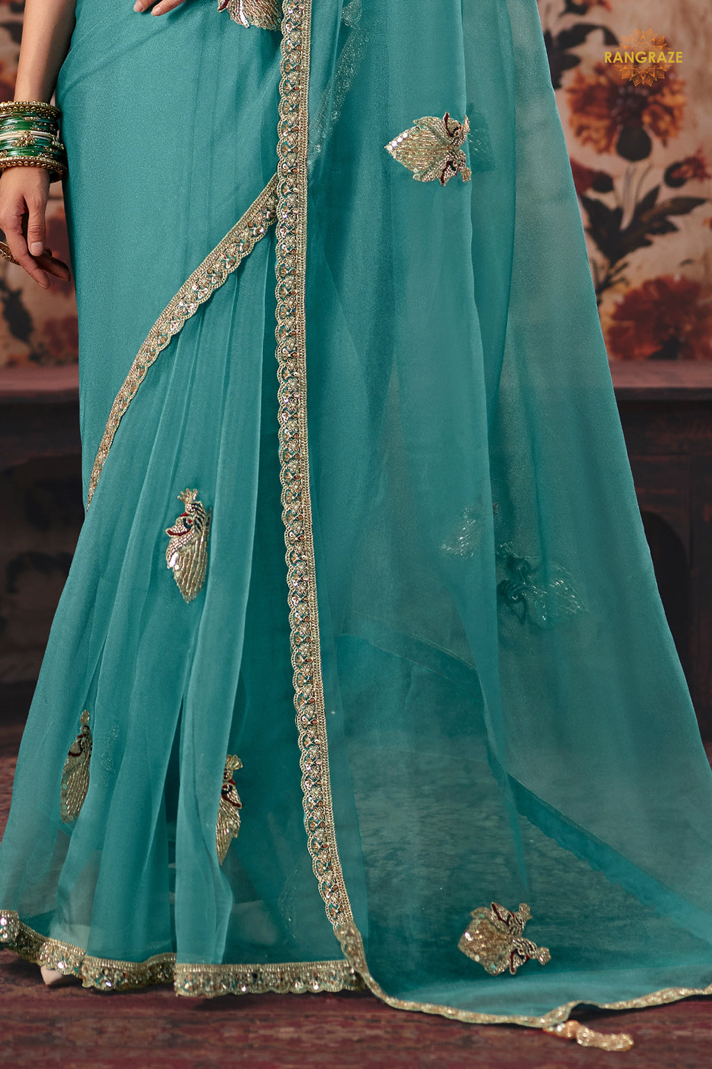 Sea Green Designer Organza Saree With Embroidered Blouse