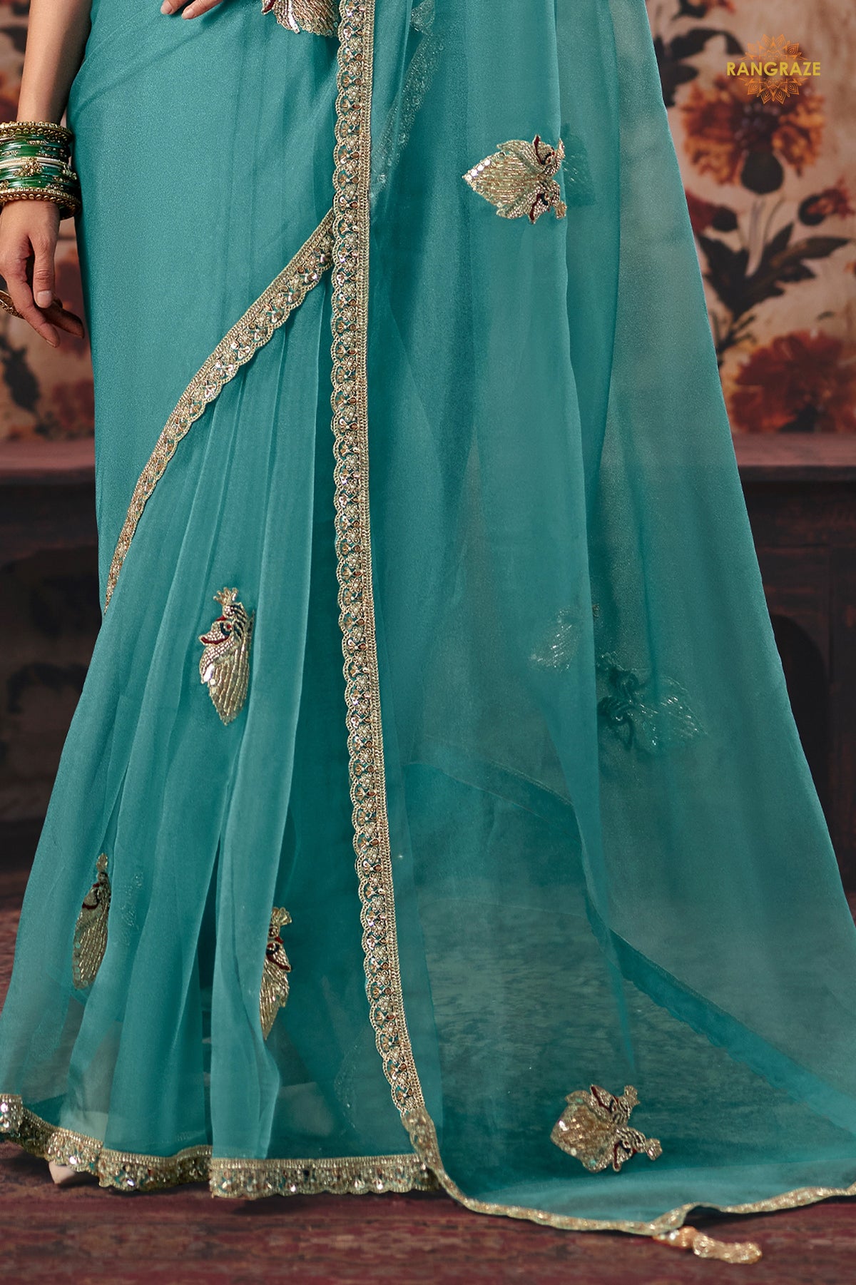Sea Green Designer Organza Saree With Embroidered Blouse