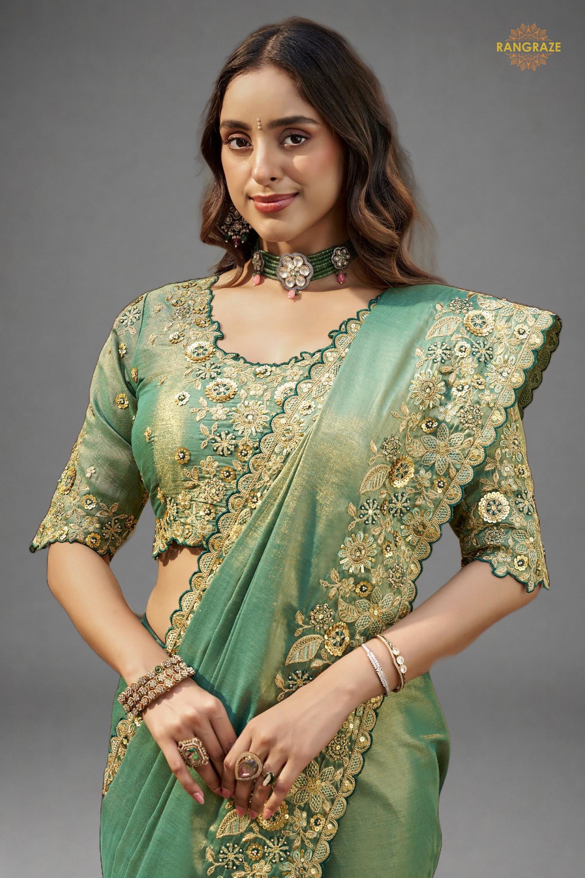 Sea Green Embroidred Fancy Silk Saree