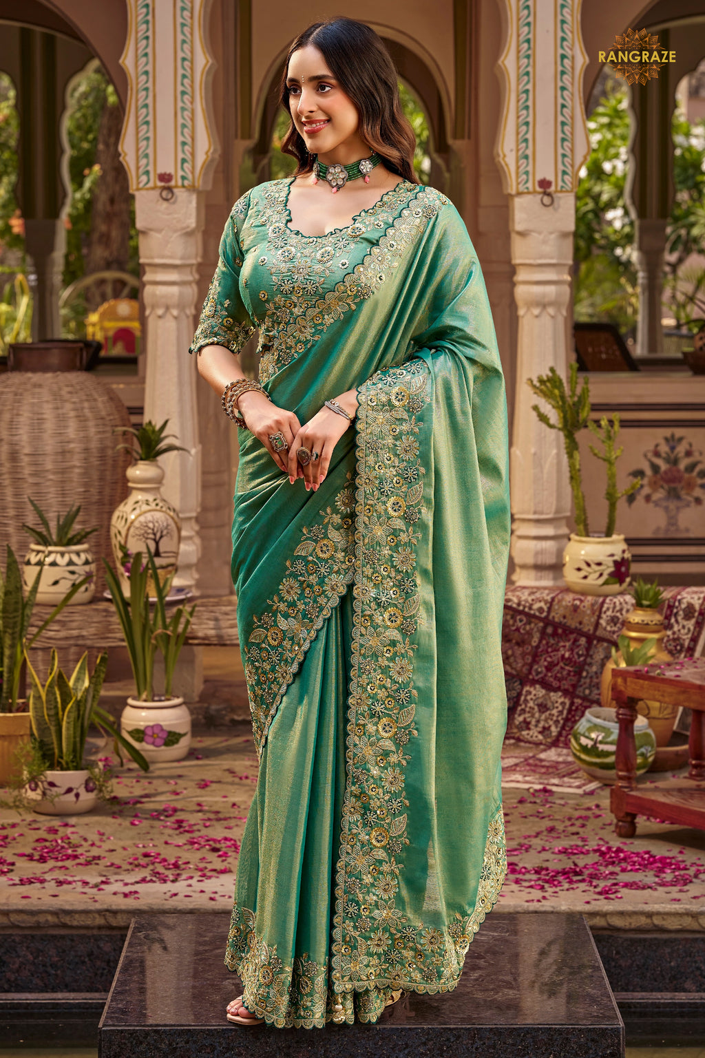 Sea Green Embroidred Fancy Silk Saree