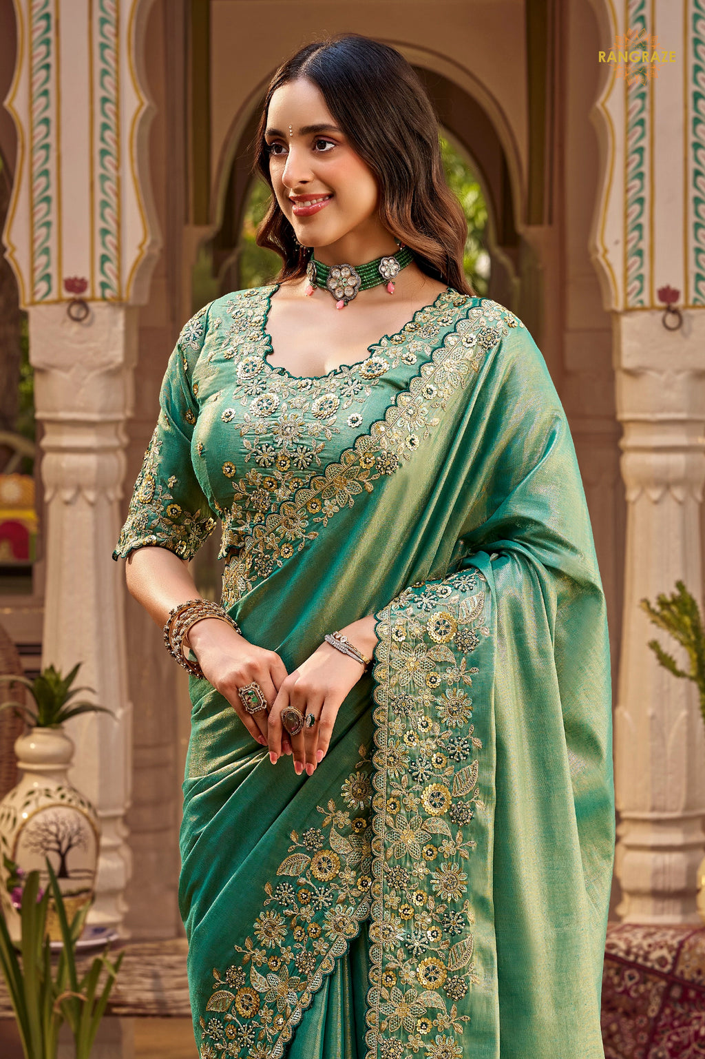 Sea Green Embroidred Fancy Silk Saree