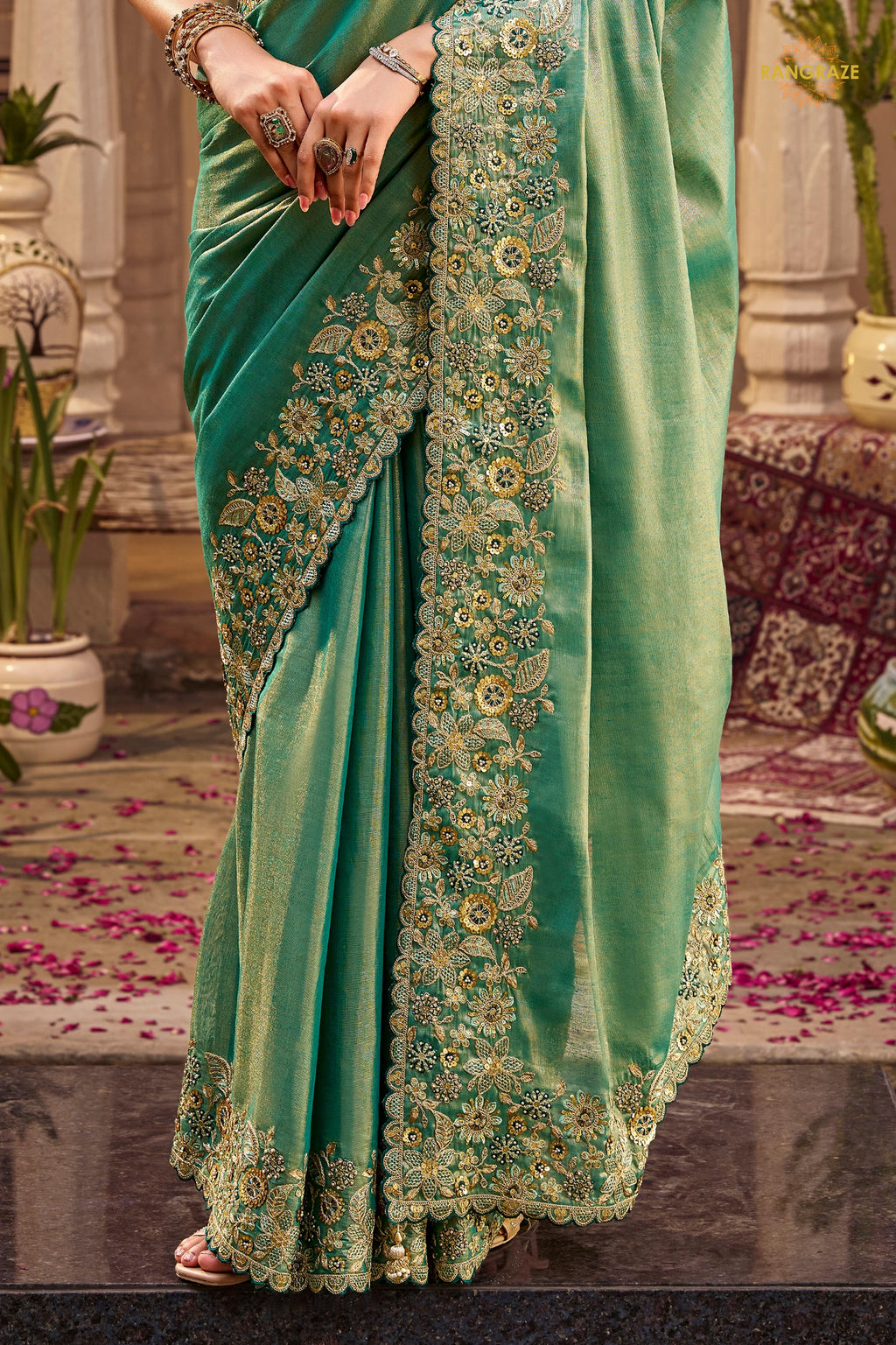 Sea Green Embroidred Fancy Silk Saree