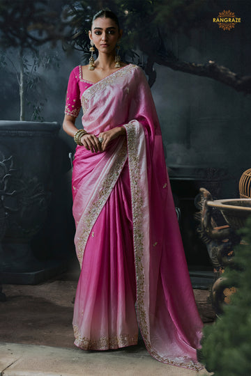 Shades Of Pink Cobalt Blue Embroidered Tissue Organza Saree