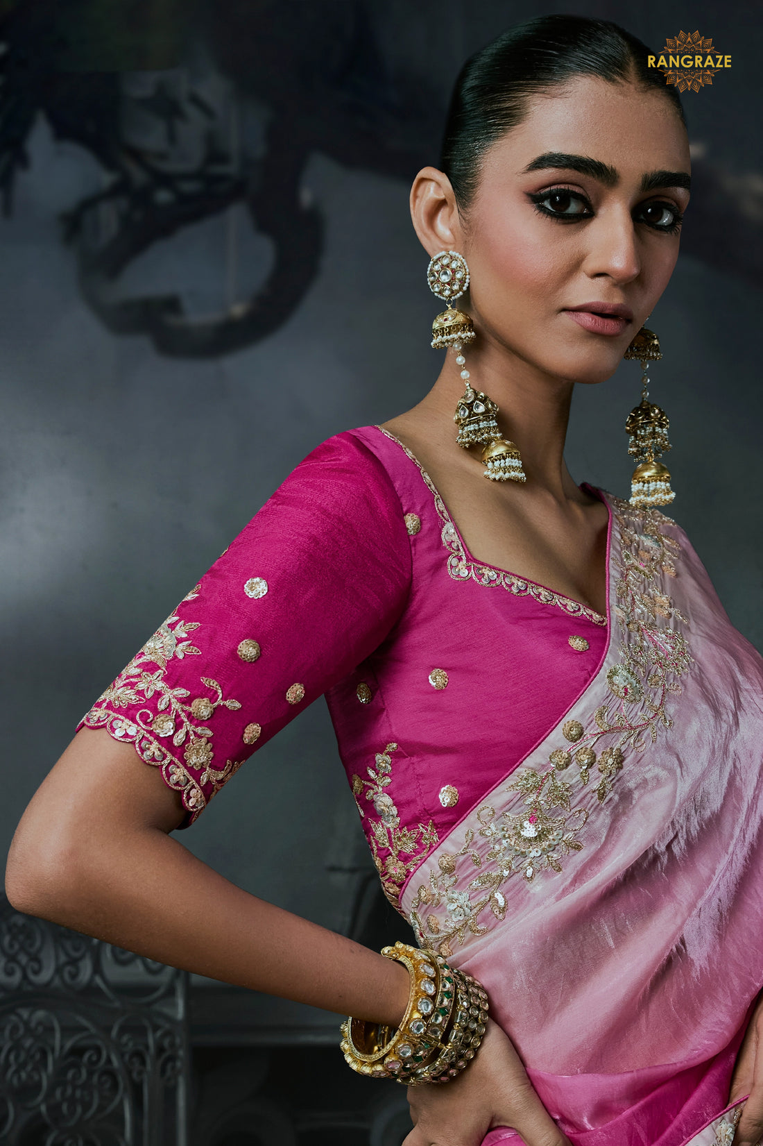 Shades Of Pink Cobalt Blue Embroidered Tissue Organza Saree