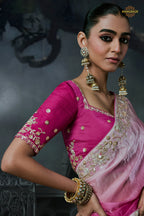 Shades Of Pink Cobalt Blue Embroidered Tissue Organza Saree