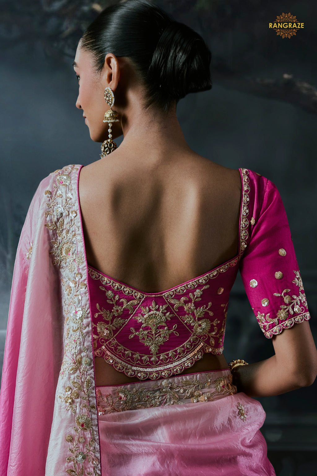 Shades Of Pink Cobalt Blue Embroidered Tissue Organza Saree