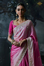 Shades Of Pink Cobalt Blue Embroidered Tissue Organza Saree