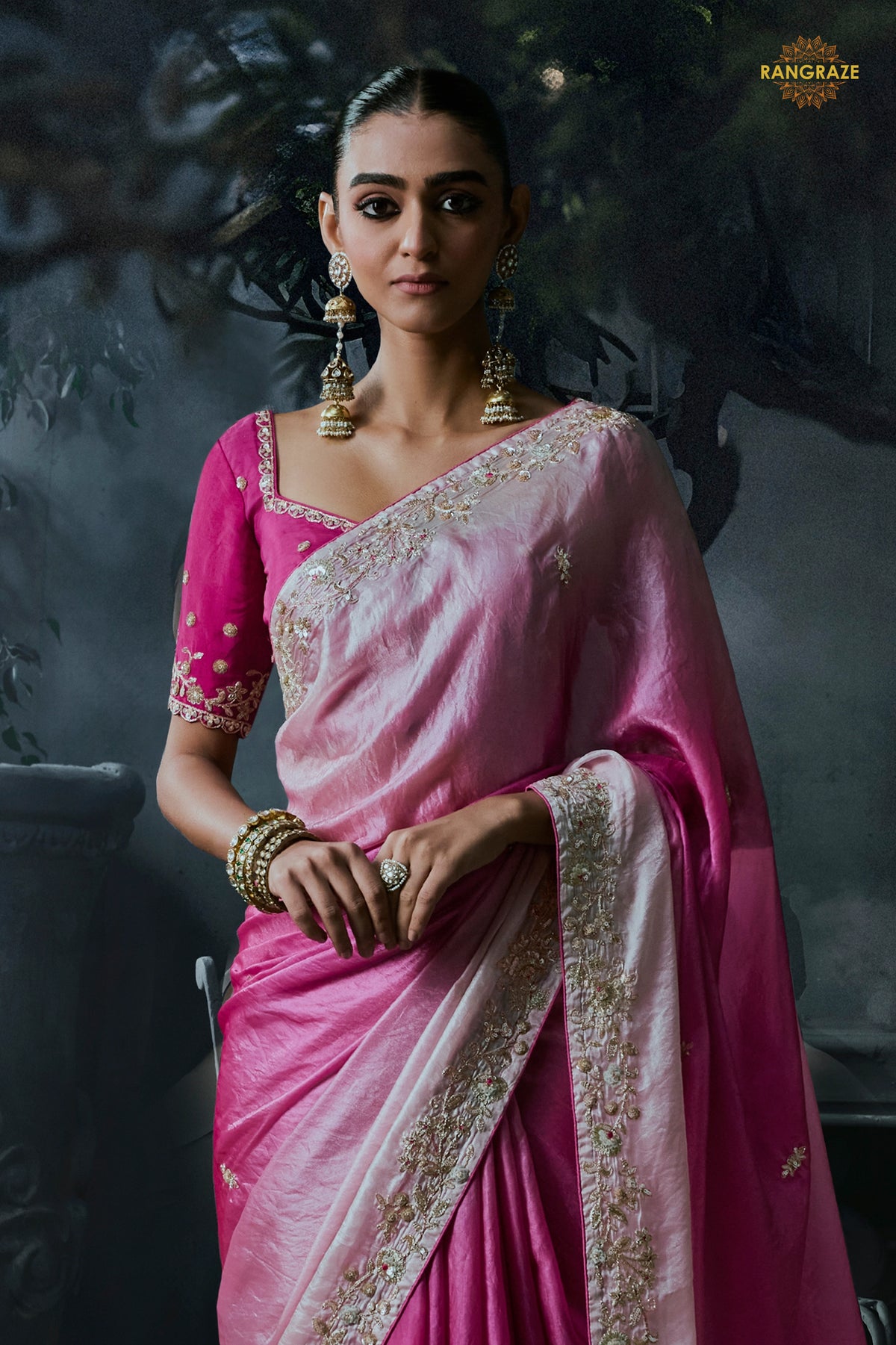 Shades Of Pink Cobalt Blue Embroidered Tissue Organza Saree