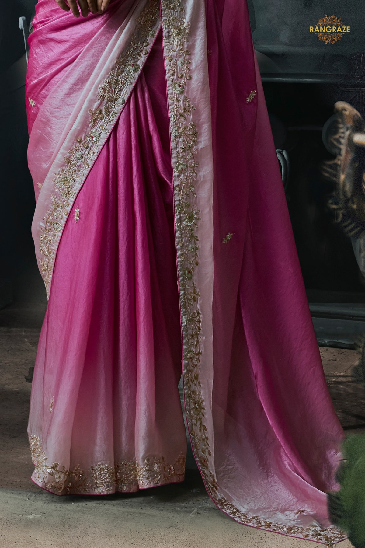 Shades Of Pink Cobalt Blue Embroidered Tissue Organza Saree